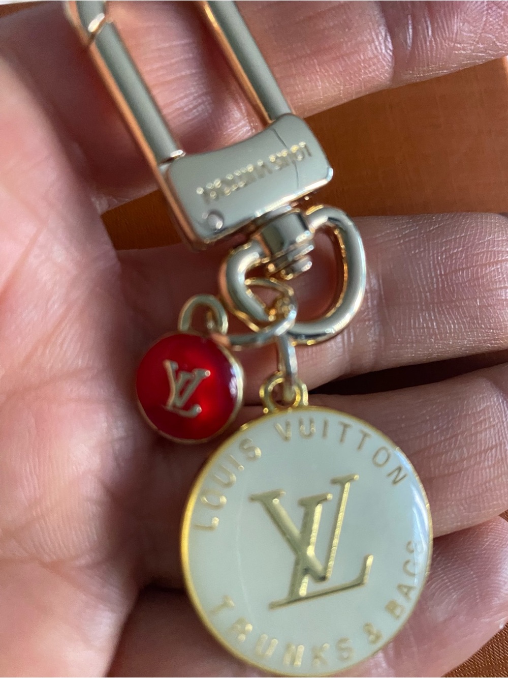 Unbranded Upcycled White & Red LV Disc Charm Keychain